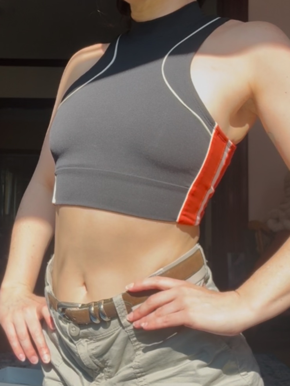 Free People Cropped High Neck Athletic Tank with Contrast Orange Side Stripe
